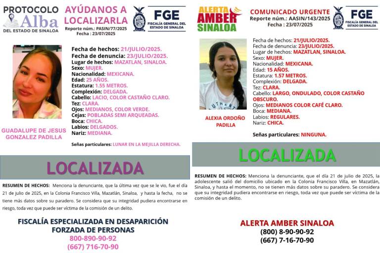 Aparecen con vida 2 de las 4 mujeres desaparecidas en Mazatlán