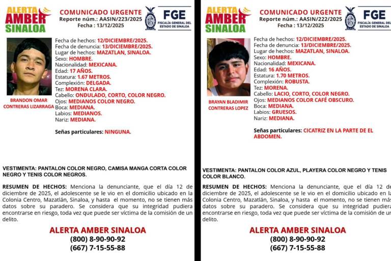 Brandon Omar Contreras Lizárraga y Brayan Bladimir Contreras López desaparecieron en Mazatlán desde el viernes 12 de diciembre.