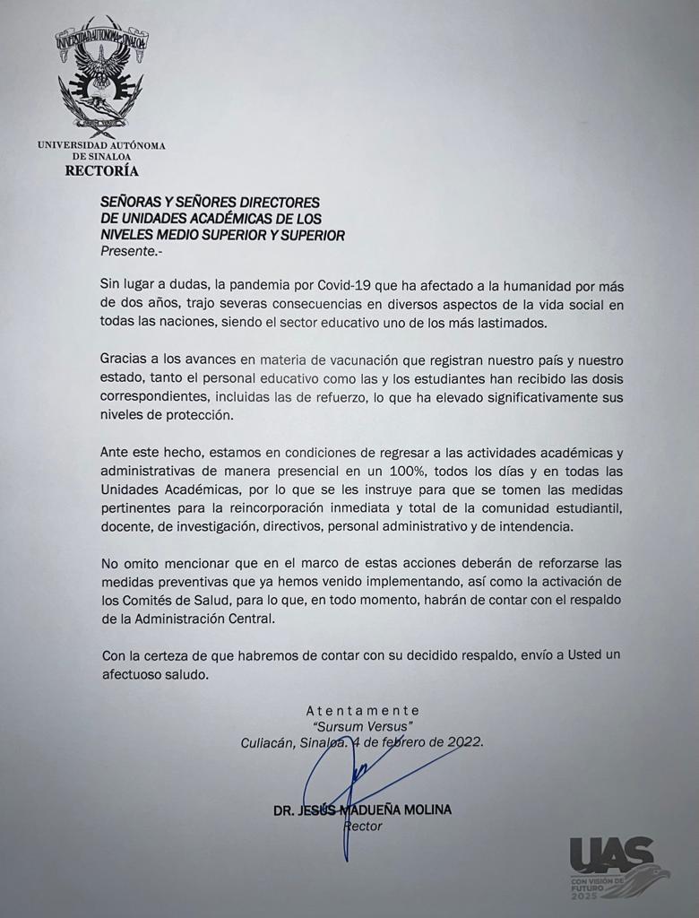 $!Ya no más virtualidad: la UAS volverá a la presencialidad todos los días y en todas sus unidades