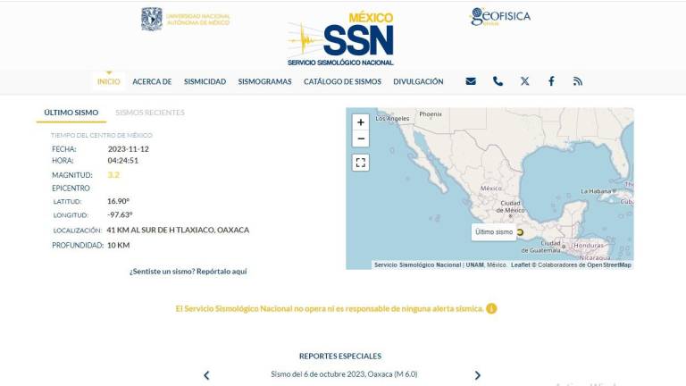 El Servicio Sismológico Nacional no reporta sismo este domingo en Sinaloa, pero sí el más reciente ocurrido al sur de Oaxaca.