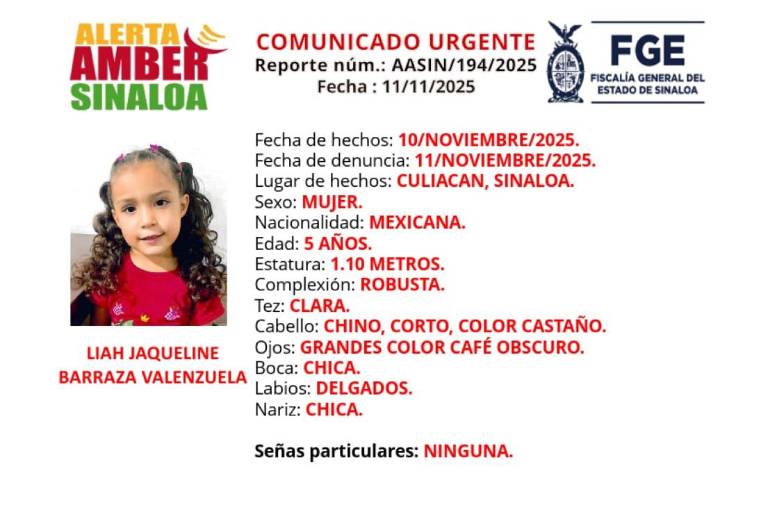 Buscan a Liah Jaqueline, de 5 años, desaparecida en Culiacán