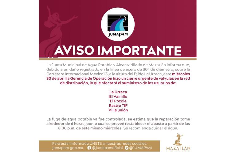 Fuga en línea de conducción en La Urraca deja sin agua a comunidades de Mazatlán