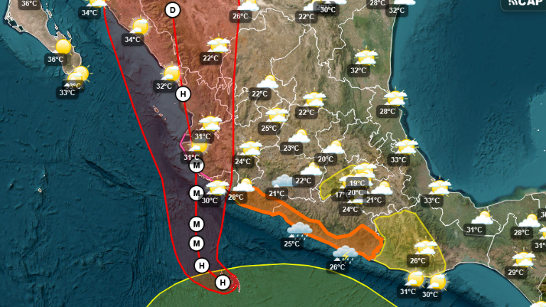 Trayectoria más reciente de la tormenta tropical Simon, que se prevé primero toque en Jalisco y después en el norte de Nayarit.