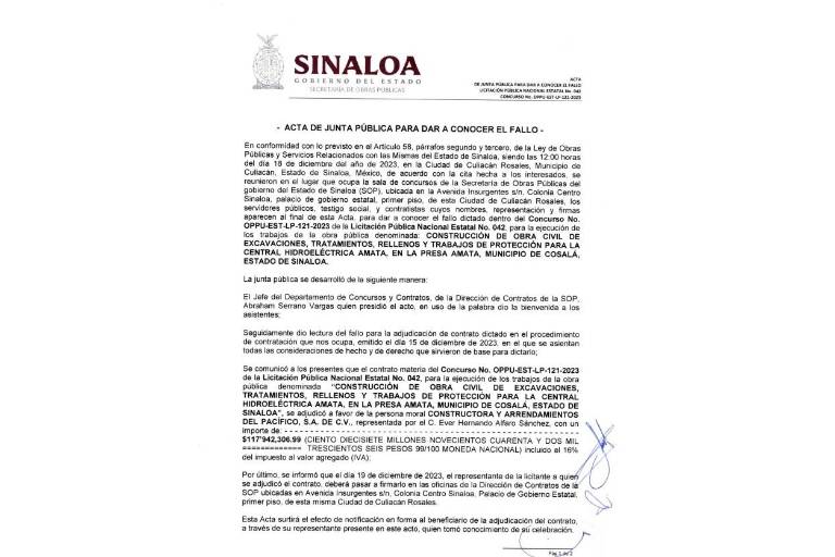 Autoriza Gobierno obras por $567 millones en Presa Reguladora Amata, en Cosalá