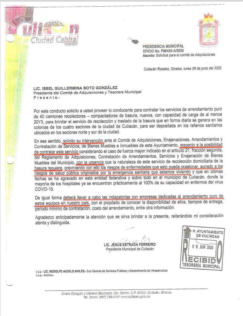 $!Estrada Ferreiro usó argumento de emergencia sanitaria para contratar camiones de basura en Culiacán por $117 millones
