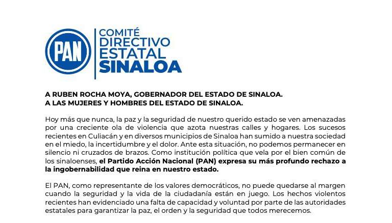 Condena PAN Sinaloa hechos violentos en Culiacán; piden remoción de Gerardo Mérida de la SSP