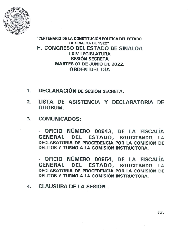 $!Congreso de Sinaloa acuerda sesión secreta para este 7 de junio; tratarán desafuero de Estrada Ferreiro