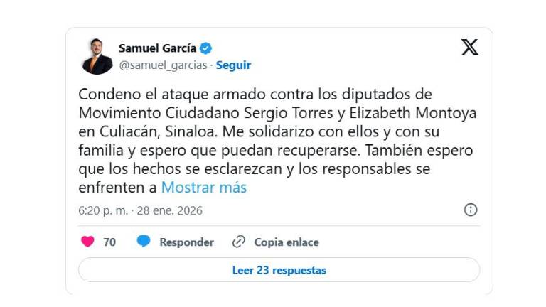 Samuel García expresó su solidaridad con los legisladores y sus familias, y deseó su pronta recuperación tras la agresión.