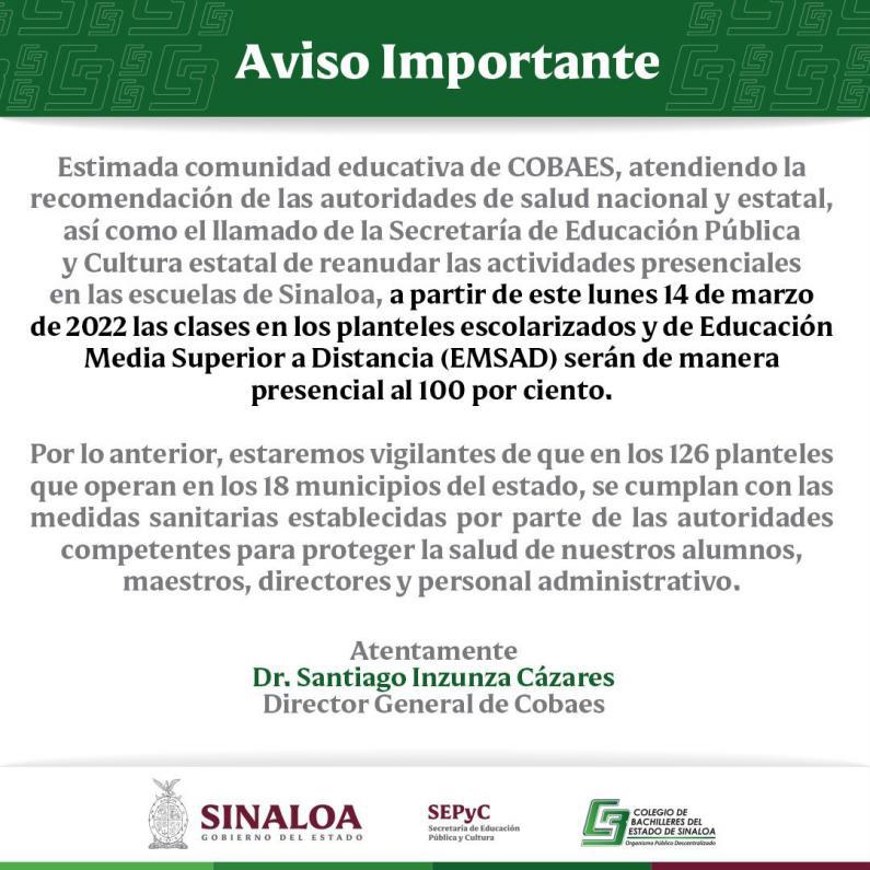 $!Cobaes regresará a clases 100% presenciales este lunes