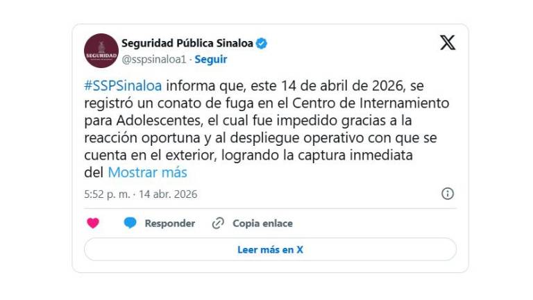 La Secretaría de Seguridad Pública de Sinaloa informó sobre el intento de fuga en sus redes sociales.