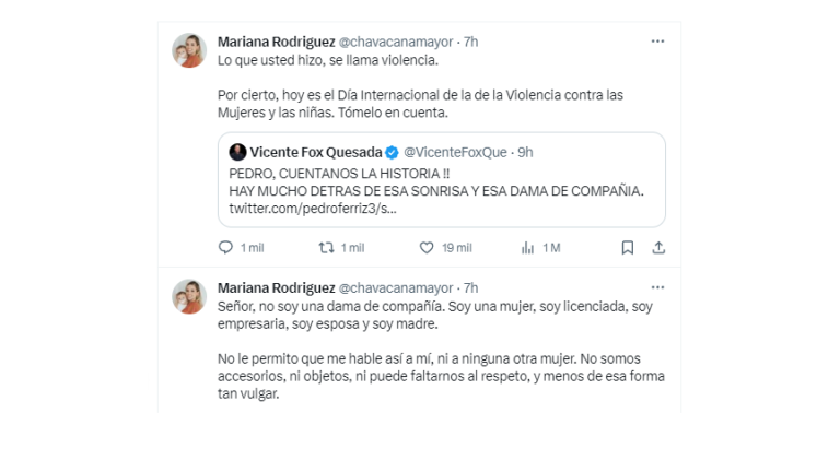 Mariana Rodríguez confrontó al ex Presidente Vicente Fox tras llamarla “dama de compañía” en redes sociales.