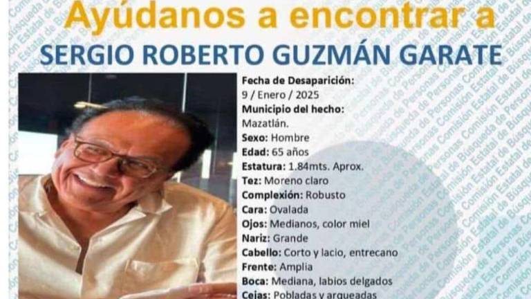 Sergio Roberto Guzmán Gárate, de 65 años de edad, fue visto por última vez el pasado jueves 9 de enero en la zona de la Marina Mazatlán, a las 16:00 horas.
