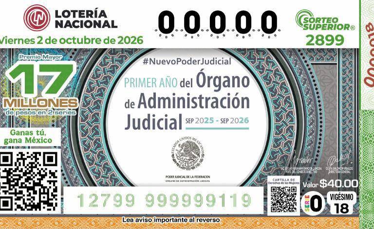 Devela Lotería Nacional billete para conmemorar primer aniversario del Órgano de Administración Judicial