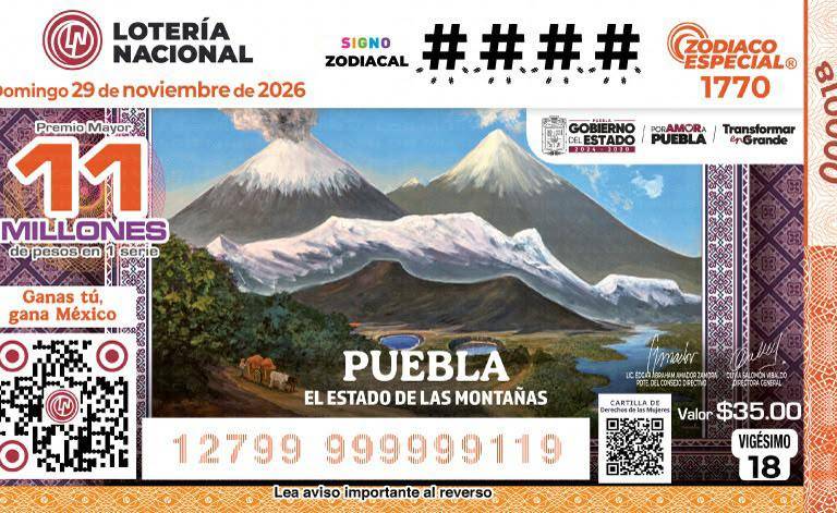 El gobernador Alejandro Armenta y la titular de la Lotería, Olivia Salomón, develan billete inspirado en Puebla y sus majestuosas montañas