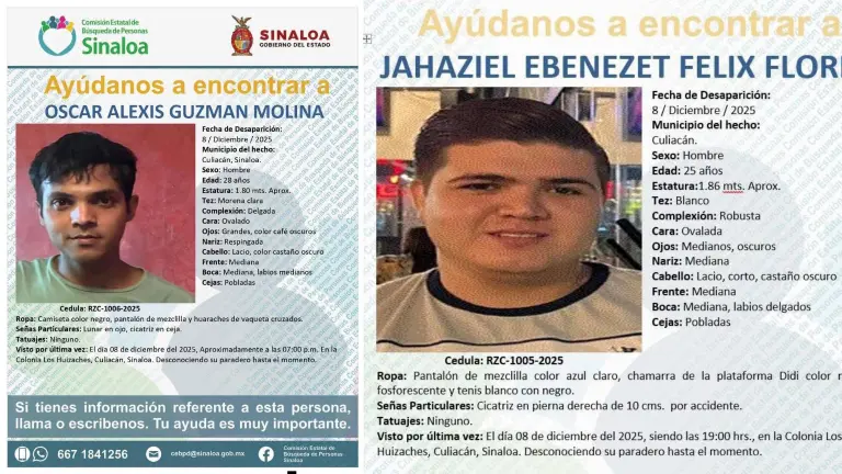 Los jóvenes Oscar Alexis Guzmán y Jahaziel Ebenezet Félix fueron vistos por última vez el 8 de diciembre en distintos puntos de Culiacán.