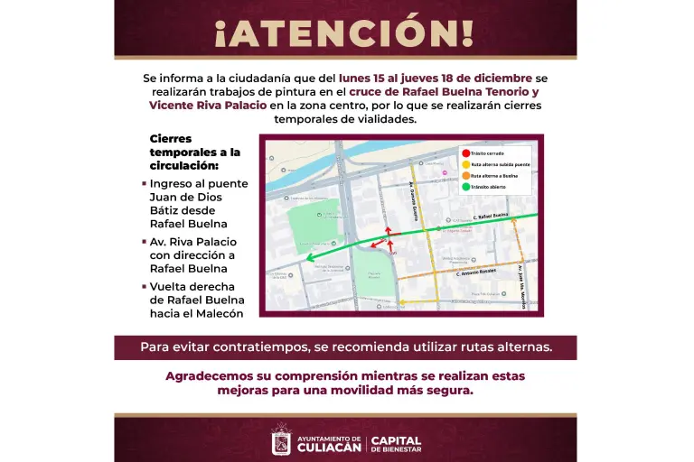 El crucero de las calles Rafael Buelna Tenorio y Vicente Riva Palacio será intervenido con señalización, semáforo y pintura urbana.
