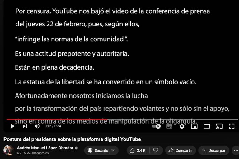 AMLO ahora ataca a YouTube; ‘es prepotente y está en plena decadencia’, afirma