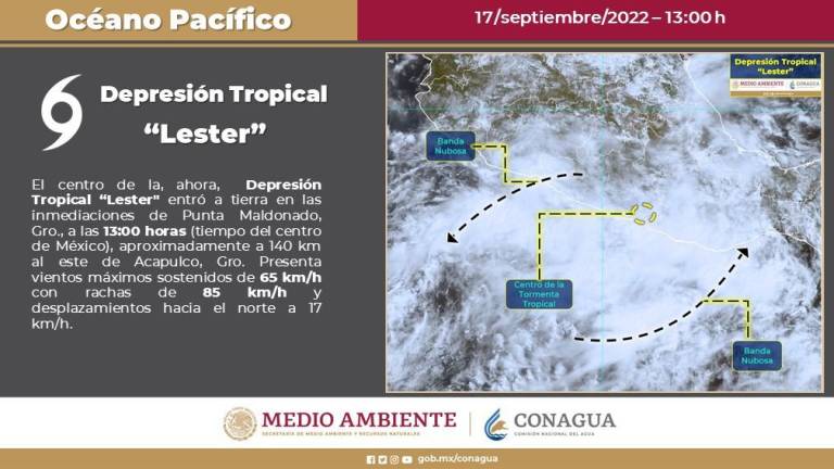 Se prevé que las bandas nubosas de “Lester” ocasionen lluvias en Guerrero, Michoacán, Oaxaca, Estado de México, Morelos y Puebla.
