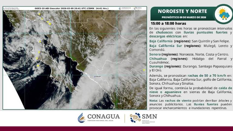 Existe probabilidad de caída de nieve o aguanieve en zonas serranas de Baja California, Sonora, Chihuahua, Sinaloa y Durango.