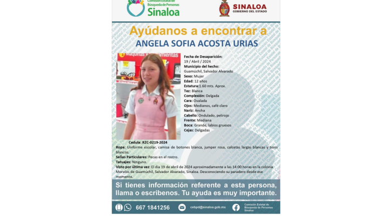 Ángela Sofía Acosta Urías desapareció el 19 de abril en Guamúchil.