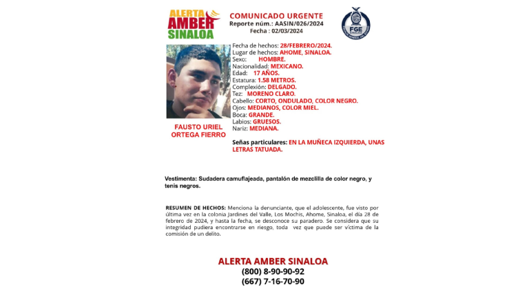 Activan búsqueda de adolescente desaparecido en Los Mochis