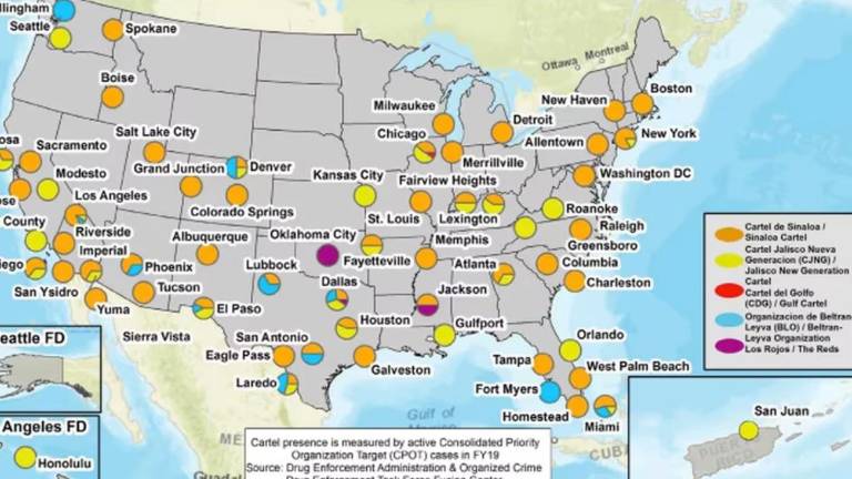 La DEA explicó que donde había una mayor presencia del Cártel de Sinaloa y el CJNG, eran Arizona, California, Carolina del Norte, Colorado, Georgia, Illinois, Maine, Nueva York, Nuevo México, Texas.