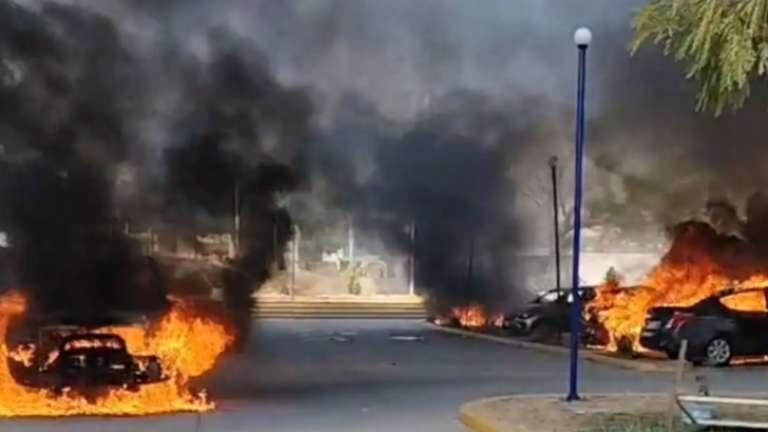 Estudiantes de la Normal Rural Raúl Isidro Burgos de Ayotzinapa lanzaron petardos y bombas molotov que provocaron el incendio de vehículos.