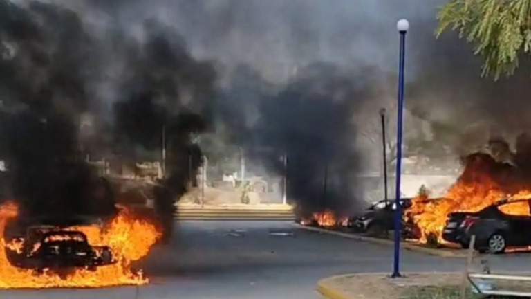 Estudiantes de la Normal Rural Raúl Isidro Burgos de Ayotzinapa lanzaron petardos y bombas molotov que provocaron el incendio de vehículos.