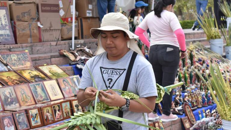 Javier y su familia son de Puebla y de allá traen la palma para tejerla frente a la Catedral de Culiacán.