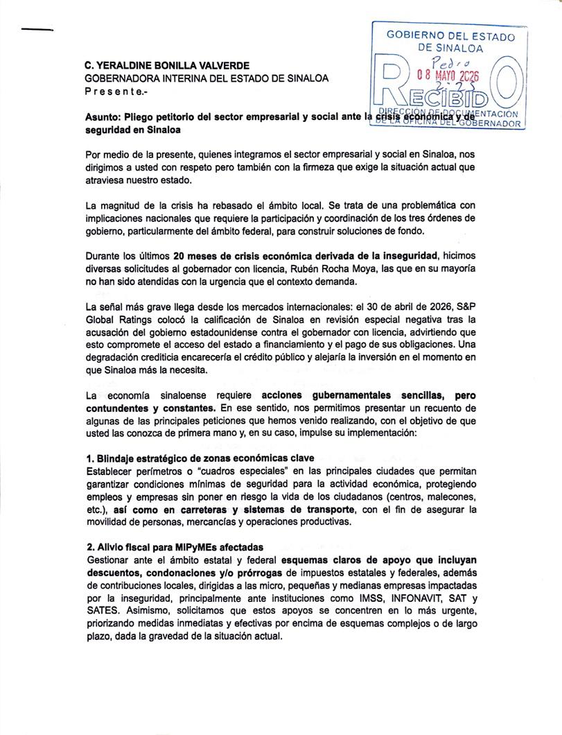 $!Presentan empresarios pliego petitorio a Gobernadora Yeraldine Bonilla por crisis de seguridad en Sinaloa