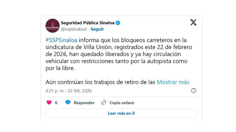 Liberan bloqueos carreteros en Villa Unión: hay circulación con restricciones