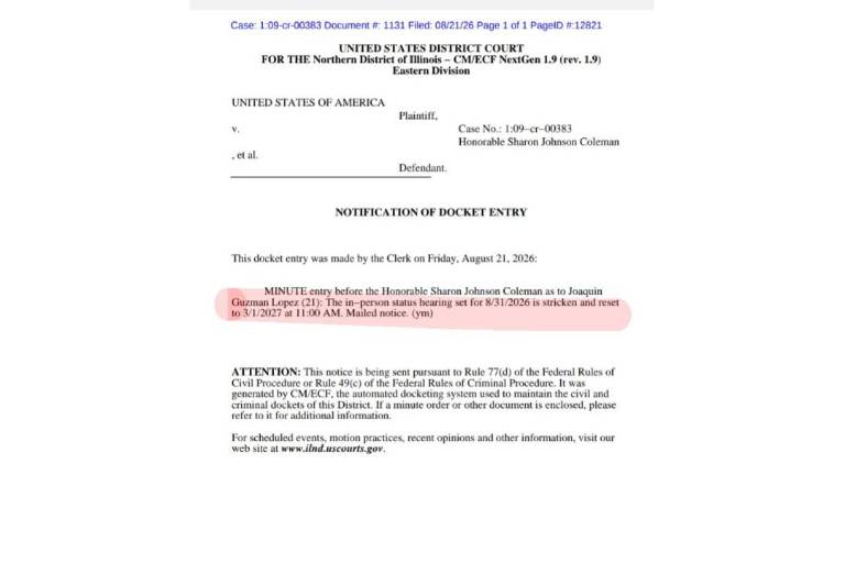 Documento de la Corte federal en Illinois que notifica el cambio de fecha de la audiencia de Joaquín Guzmán López.