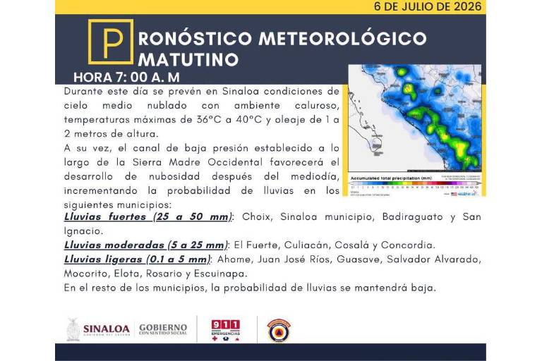 Condiciones del clima previstas para este lunes en Sinaloa.