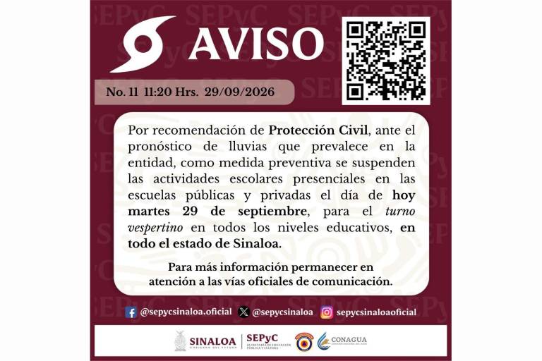 La SEPyC informó que las clases en el turno vespertino estarán suspendidas durante la tarde de este martes en todo Sinaloa.
