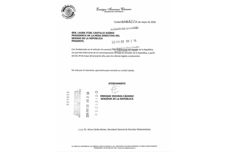 Oficio del Senador Enrique Inzunza Cázarez, de Sinaloa, para terminar con la licencia temporal para separarse del cargo.