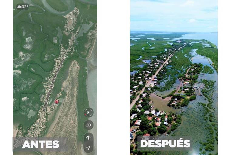 Comparación de la zona de Las Aguamitas antes de las inundaciones y con las inundaciones recientes.