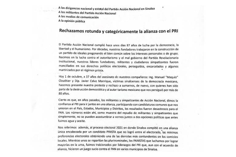 Parte del mensaje en el que panistas de Rosario rechazan que el PAN se alíe con el PRI para el próximo proceso electoral.