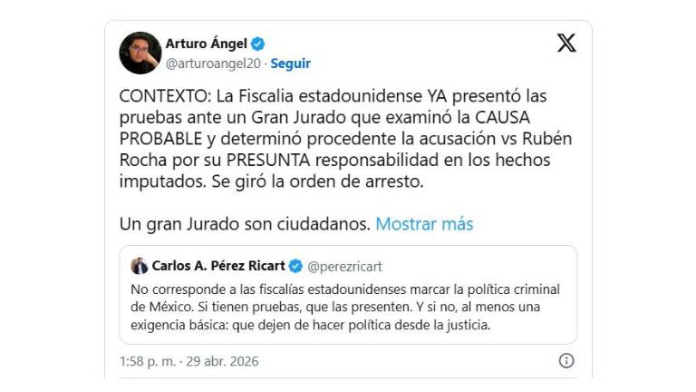 Arturo Ángel enfatizó que por medio del documento no podemos saber si hay pruebas o no contra Rocha Moya.