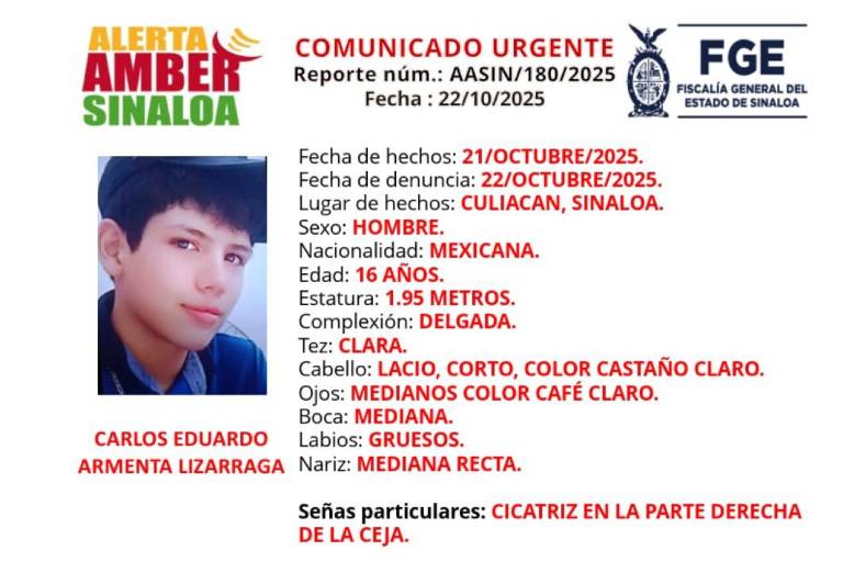En Culiacán buscan a Carlos Eduardo, de 16 años, desaparecido desde el 21 de octubre