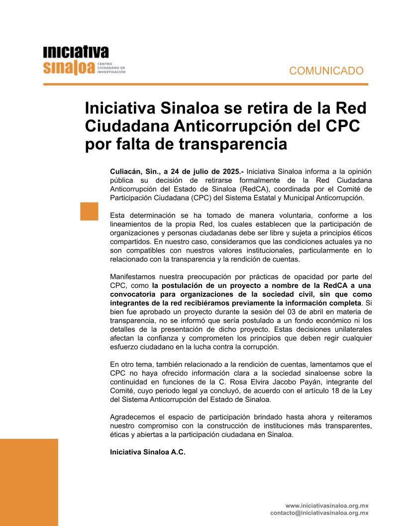 $!Deja Iniciativa Sinaloa la Red Ciudadana Anticorrupción por opacidad en el Comité de Participación Ciudadana