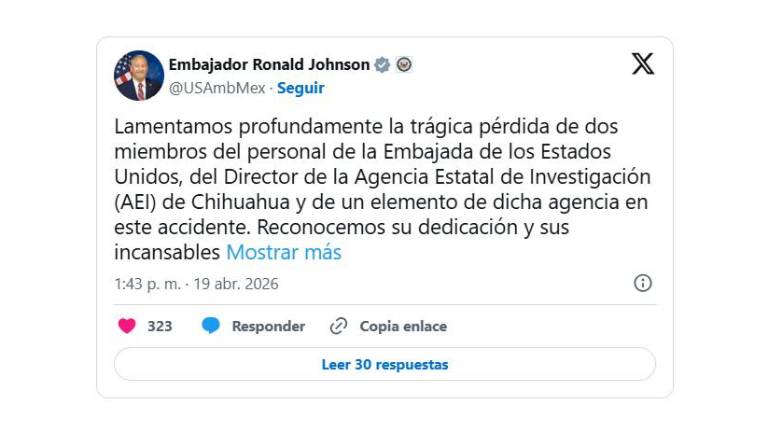 El embajador de Estados Unidos en México, Ronald Johnson lamentó las muertes.