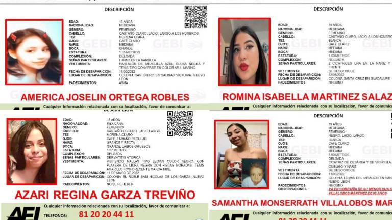 Fichas de búsqueda de jóvenes desaparecidas en Nuevo León.