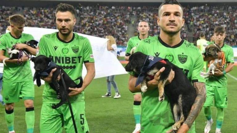 Los jugadores del Dinamo salen con cachorros.