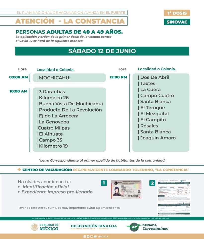 $!Adultos de 40 a 49 años de El Fuerte recibirán la primera dosis de la vacuna contra el Covid-19