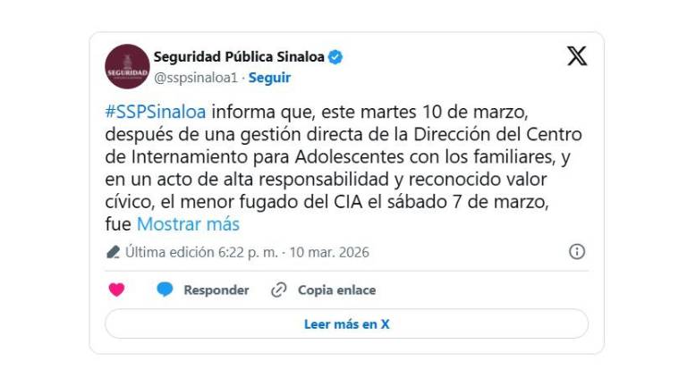 La SSP indicó que el menor fue presentado nuevamente por sus padres ante las autoridades para continuar con su proceso de readaptación social.