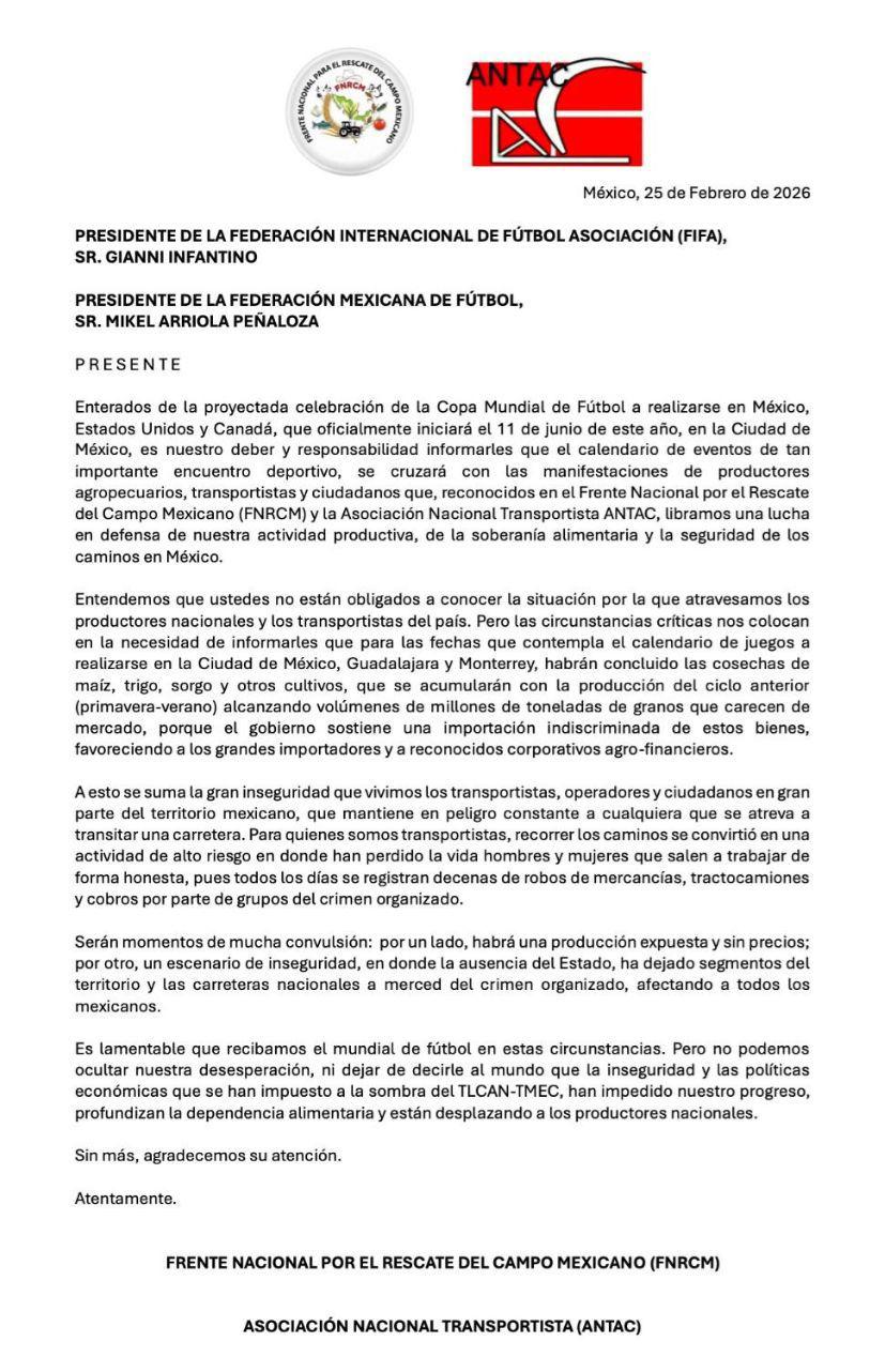 $!Productores y transportistas advierten a FIFA sobre protestas durante el Mundial 2026 en México