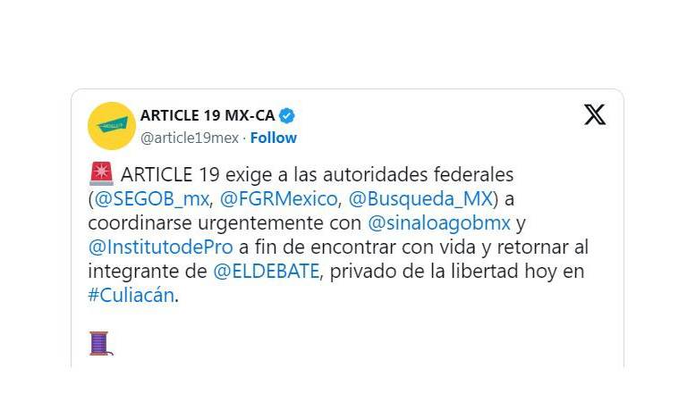 Exige Artículo 19 acción urgente para hallar a trabajador de El Debate privado de su libertad
