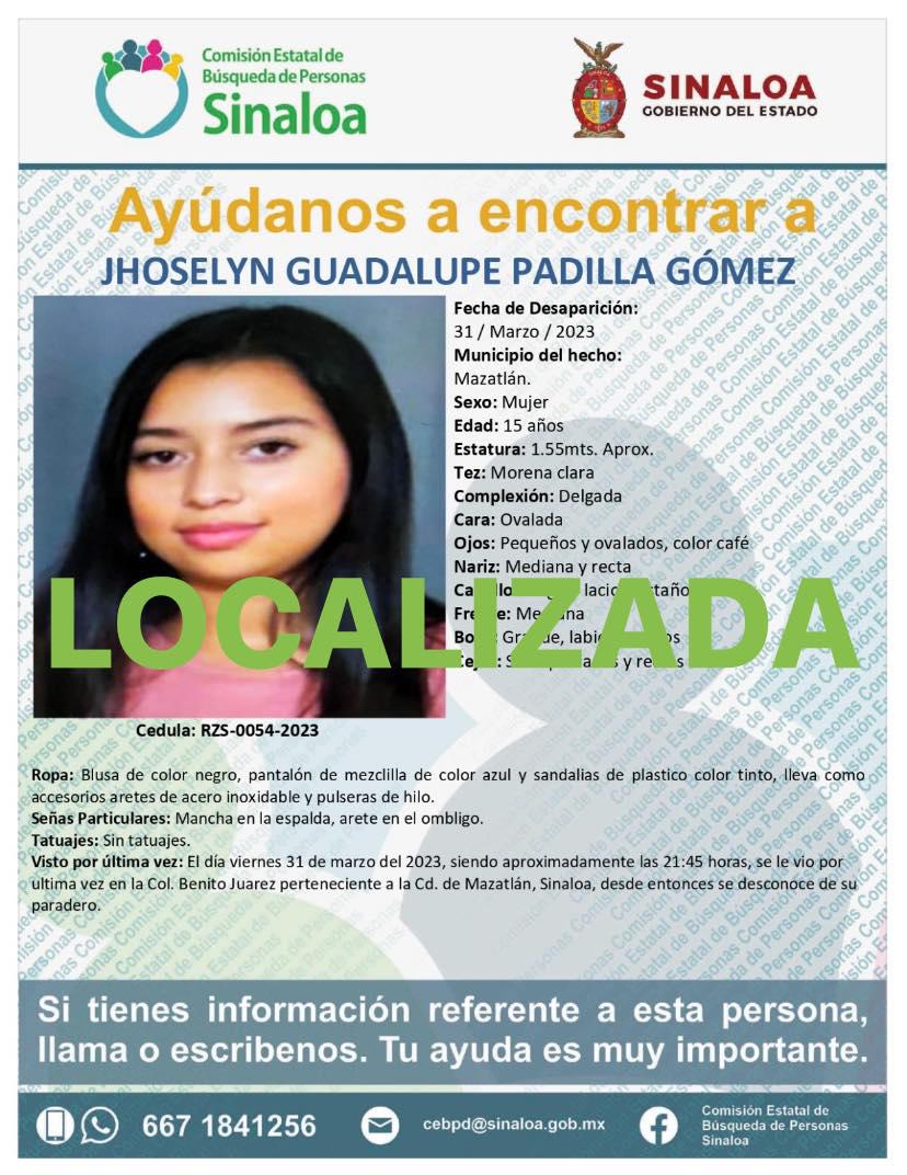 $!Localizan a la menor Jhoselyn, desaparecida en Mazatlán