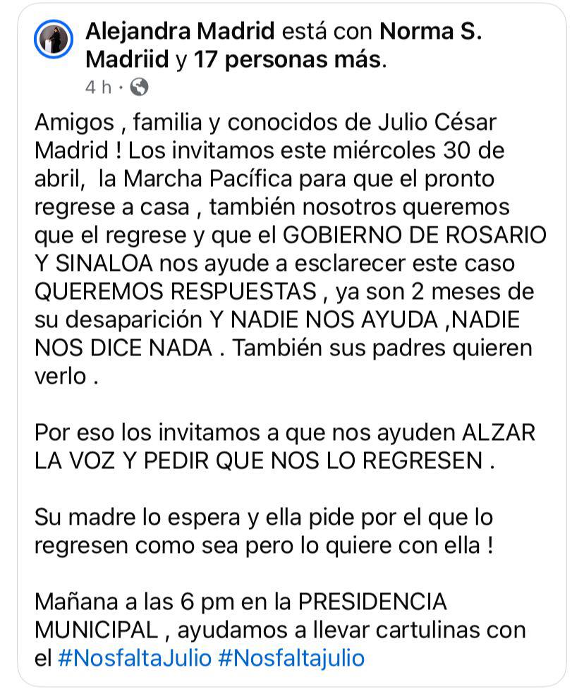 $!Convocan en Rosario a marcha pacífica para pedir el regreso de Julio César