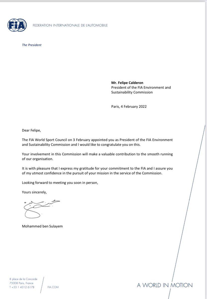 $!Felipe Calderón tiene nuevo cargo en la Federación Internacional del Automóvil